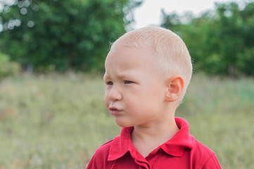 Portrait of angry handsome blond little boy in garden