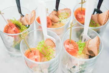 Catering service. Catering food. Table with food at event. Beautifully decorated catering banquet table with different food snacks.