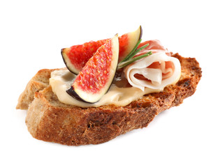 Bruschetta with cream cheese, prosciutto and figs isolated on white