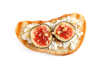 Bruschetta with cheese and figs isolated on white, top view