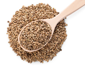 Wooden spoon and hemp seeds on white background, top view