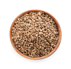 Wooden bowl of hemp seeds on white background, top view