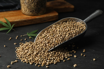 Raw organic hemp seeds in scoop on black table