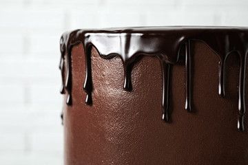 Freshly made delicious chocolate cake against white background, closeup