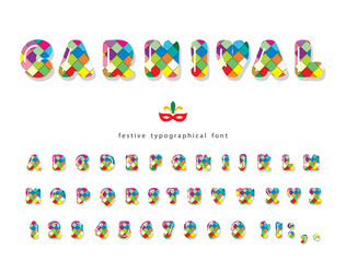 Carnival 3d glossy font. Colorful bright masquerade alphabet. Festive cartoon letters and numbers. Vector