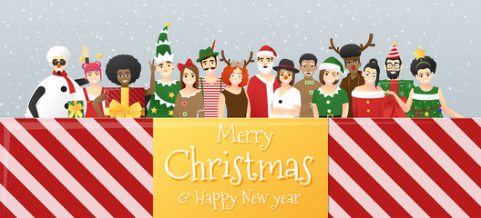 Fototapeta premium Merry Christmas and Happy New Year, group of teens in Christmas costume concept standing together in gift box , vector, illustration
