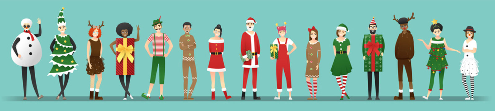 Merry Christmas , group of teens in Christmas costume concept isolated on blue background , vector, illustration