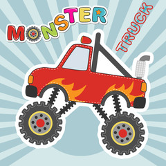 Monster truck red car cartoon character. Vector illustration. © tartumedia