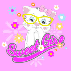 Sweet cat girl in sunglasses with a beautiful floral decoration.