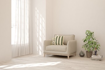 Stylish room in white color with armchair. Scandinavian interior design. 3D illustration