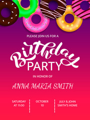 Invitation on a birthday party lettering. Vector illustration for card or banner