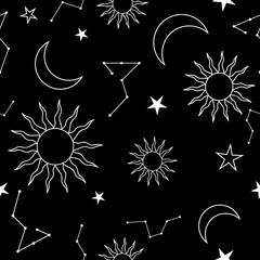 Galaxy seamless pattern design with zodiac elements white in black