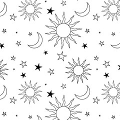 Galaxy seamless hand drawn pattern design with Galaxy seamless hand drawn pattern with zodiac elements. Moon, sun and stars in black and white
