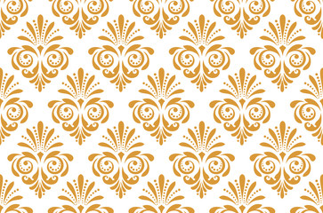 Fototapeta na wymiar Wallpaper in the style of Baroque. Seamless vector background. White and gold floral ornament. Graphic pattern for fabric, wallpaper, packaging. Ornate Damask flower ornament