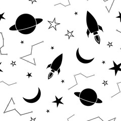 Galaxy seamless hand drawn pattern: spaceship, moon and stars in the sky