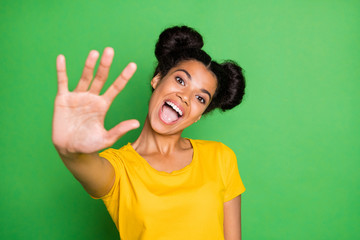 Give me five, buddy. Photo of pretty dark skin lady raise arm up greets friends overjoyed wear...