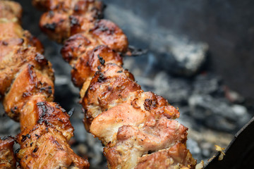 Barbecue.Juicy pieces of meat on skewers