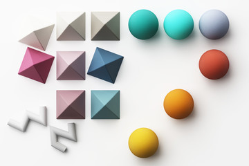 Set of colorful realistic geometric shape with fabric texture on white background. 3d rendering