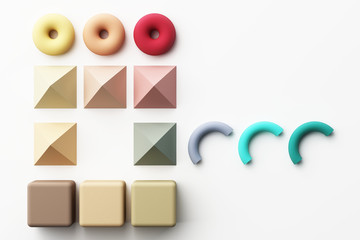 Set of colorful yellow and green realistic geometric shape with fabric texture on white background. 3d rendering