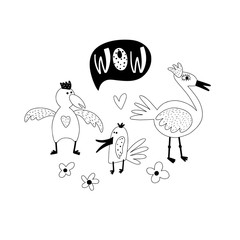 Three funny birds and text illustration