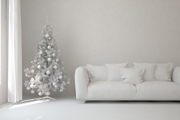 Mock up of stylish room in white color with sofa and new year tree. Scandinavian interior design. 3D illustration