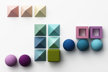 Set of colorful realistic geometric shape with fabric texture on white background. 3d rendering