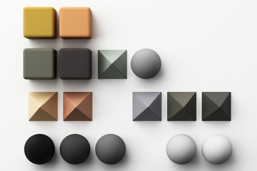 Set of colorful realistic geometric shape with fabric texture on white background. 3d rendering