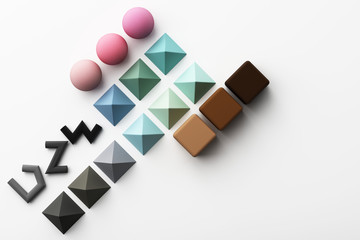 Set of colorful realistic geometric shape with fabric texture on white background. 3d rendering