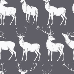 Hand-drawn deer.   Vector  seamless pattern.