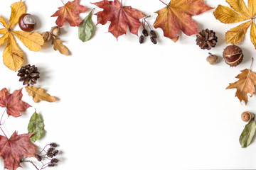 Autumn composition with colorful dry leaves on white background. Flat lay, top view, copy space.