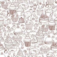 Hand drawn bakery products. Cookies, cakes, muffins. Vector  seamless pattern