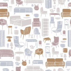 Furniture, lamps and plants for the home. Vector  seamless pattern