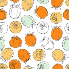 Hand drawn persimmon on white background. Vector  seamless pattern.
