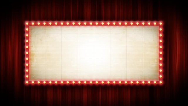 Theater Or Cinema Background With Marquee Sign And Red Curtains/ 4k animation of a cinema or broadway theater background with marquee sign and red curtains