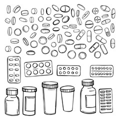 Hand drawn pills and medicines .  Vector sketch  illustration.