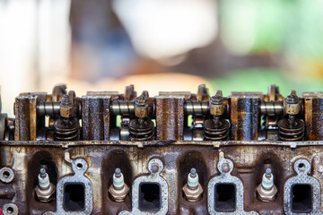Obraz na płótnie Canvas car engine inside view very close up, mechanic deconstructs the internal engine