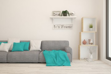 Stylish room in white color with sofa. Scandinavian interior design. 3D illustration