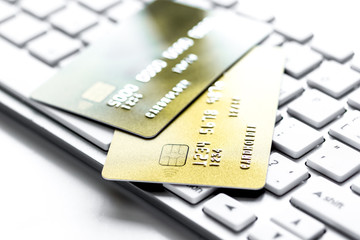 Credit cards on the keyboard close up