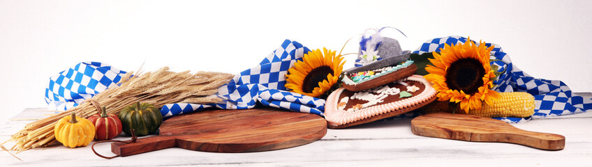 Traditional German cuisine background. Various Bavarian specialties. Oktoberfest background and sunflower