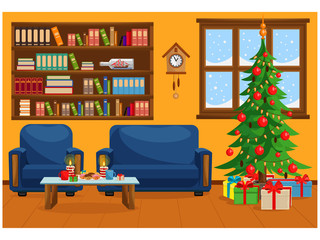 Vector illustration of Christmas living room with Christmas tree, gifts, sofa, table with treats and snow-covered window.