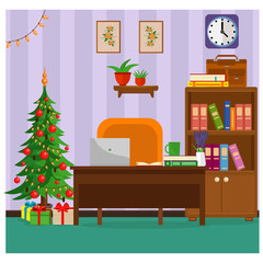 Fototapeta premium Cozy office, decorated for the new year and Christmas with a Christmas tree and gifts. Vector illustration.