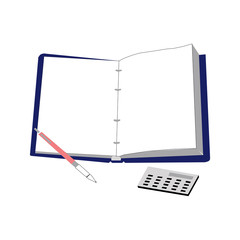 Yellow Pencil, calculator and notepad icon. Illustration on white