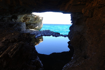 Beautiful turquoise rocky seascape in iconic island of Koufonisi, Small Cyclades, Greece