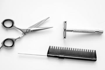 Mens hairdressing desktop with tools for shaving top view