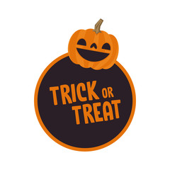 Trick or treat design with cute pumpkin. Halloween funny sticker.