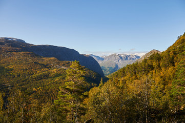 Beautiful scenic view of massive scandinavian mountains at autumn season.