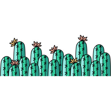 Hand Drawing Vector Border With Cactus. Bright Green Colors .