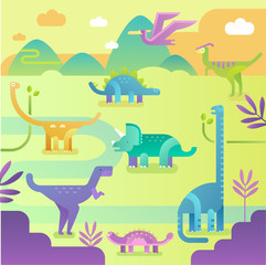 Dinosaurs. Vector cartoon illustration. Flat design. Triassic period