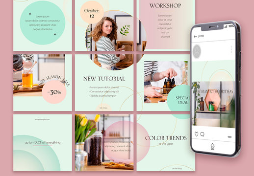 Social Media Post Layout Set with Mint And Pink Gradients