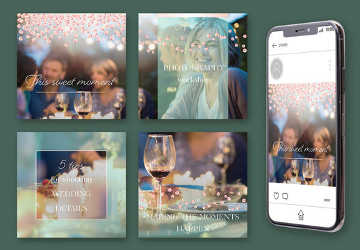 Social Media Post Layout Set with Mint Overlay and Pink Sequins